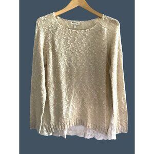 MONTEAU- WOMENS TAN LONG SLEEVE LACE BOTTOM TRIM SWEATER SHIRT SIZE MEDIUM